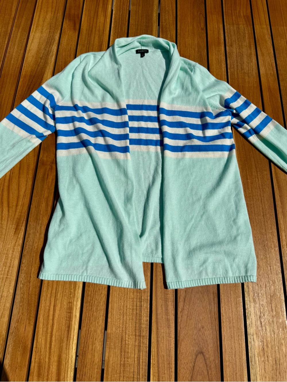 Talbots Mint and Blue Striped Open Cardigan